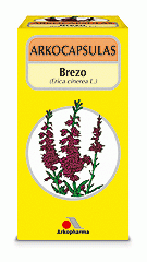 Arkocapsulas Brezo. Cada cápsula contiene 320 mg de flores criomolidas de <i>Erica cinerea</i> L. Medicamento tradicional a base de plantas (MTP). Envase de 48 cápsulas, CN: 677461.8.