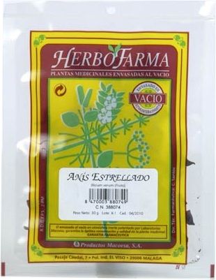 Anís Estrellado Herbofarma. Frutos de <i>Illicium verum</i>. envasado al vacío con atmósfera protectora. Bolsa 30 g. CN: 388074.9. 