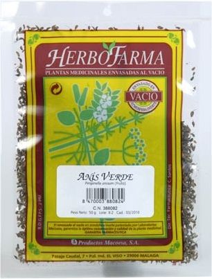 Anís Verde Herbofarma. Frutos de <i>Pimpinella anisum</i>. Bolsa al vacío de 50 g. CN: 388082.4. 