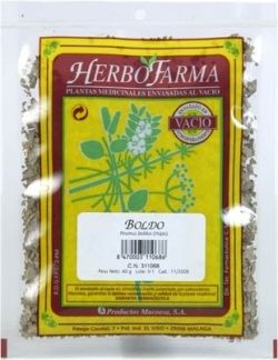 Boldo Herbofarma. Hojas cortadas de <i>Peumus boldus</i>. Bolsa 30 g envasado al vacío con atmósfera protectora. CN: 311068.6.