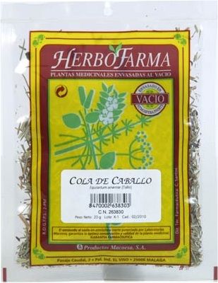 Cola de Caballo Herbofarma. Tallos cortados de <i>Equisetum arvense</i>. Bolsa 20 g envasado al vacío con atmósfera protectora. CN: 263830.3. 