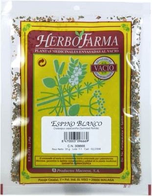Espino Blanco Herbofarma. Sumidades floridas cortadas de <i>Crataegus oxyacantha</i>. Bolsa 30 g envasado al vacío con atmósfera protectora. CN: 309666.9.