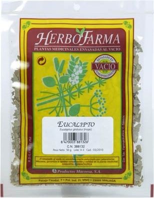 Eucalipto Herbofarma. Hojas cortadas de <i>Eucalyptus globulus</i>. Bolsa 40 g, envasado al vacío con atmósfera protectora. CN: 388132.6.