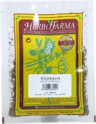 Eufrasia Herbofarma. Sumidades floridas cortadas de <i>Euphrasia officinalis</i>. Bolsa 30 g, envasado al vacío con atmósfera protectora. CN: 388124.1. 