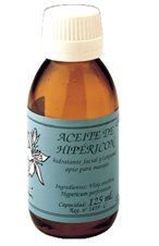 Aceite de Hipericón. <i>Hypericum perforatum</i> (sumidades floridas) con el 0,1% de Hipericina  y aceite esencial de Hipericum perforatum, con aceite de pepita de uva. Frasco de cristal color topacio de 125 ml. 