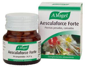 Aesculaforce Forte. Frasco 30 comprimidos. 1 comprimido contiene: extracto seco de tintura de semillas de <i>Aesculus hippocastanum</i> (Castaño de Indias), 158-225 mg, estandarizado en escina: 50 mg. Libre de: lactosa, gluten.