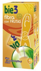 BIE3 Fibra con frutas. Estuche con 40 sobres solubles de 4 g. Cada sobre contiene 3,6 g de <i>Plantago ovata</i>, con sabor a melocotón y aspartamo. CN: 353362.1.