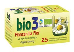 BIO3 Manzanilla. Flor de manzanilla de cultivo biológico certificado. Estuche con 25 bolsitas filtro para infusión de 1 g. CN: 353353.9.