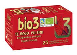 BIO3 Té Rojo. Hojas de té rojo, <i>Camellia sinensis</i> de cultivo ecológico certificado. <br> Estuche con 25 bolsitas filtro para infusión de 1,8 g. CN: 353363.8.<br> Estuche con 100 bolsitas filtro para infusión de 1,8 g, CN: 353364.5.