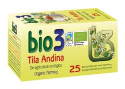 BIO3 Tila Andina. Hojas y flores de Tila andina de cultivo biológico certificado. Estuche con 25 bolsitas filtro para infusión de 1,8 g. CN: 151535.3.