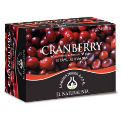 Cranberry El Naturalista. Envase con 60 cápsulas. Cada cápsula contiene 300 mg de extracto de fruto de Cranberry (<i>Vaccinium macrocarpon</i>), agente de recubrimiento (gelatina), 40 mg ácido ascórbico (vit. C) agente de carga (maltodextrina), antiaglomerante (talco),  6 mg D-alfa-tocoferol (vit. E). Complemento alimentario. CN: 174566.8.