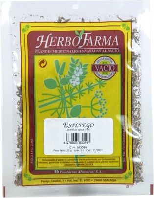 Espliego Herbofarma. Flores de <i>Lavandula latifolia</i>. Bolsa 20 g envasado al vacío con atmósfera protectora. CN: 383059.1.