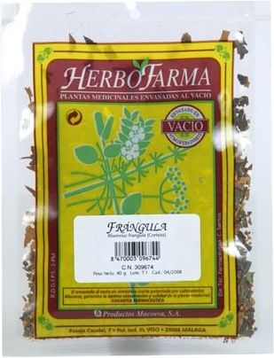 Frángula Herbofarma. Cortezas cortadas de <i>Rhamnus frangula</i>. Bolsa 40 g, envasado al vacío con atmósfera protectora. CN: 309674.4. 