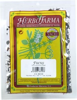 Fucus Herbofarma. Talos cortados de <i>Fucus vesiculosus</i>. Bolsa 40 g, envasado al vacío con atmósfera protectora. CN: 383109.3. 