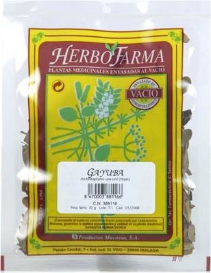 Gayuba Herbofarma. Hojas de <i>Arctostaphylos uva-ursi</i>. Bolsa 30 g, envasado al vacío con atmósfera protectora. CN: 388116.6. 