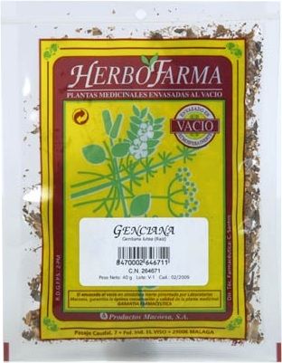 Genciana Herbofarma. Raíces cortadas de <i>Gentiana lutea</i>. Bolsa 40 g, envasado al vacío con atmósfera protectora. CN: 264671.1. 