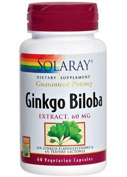 Ginkgo biloba (Solaray). Envase de 60 cápsulas. Cada cápsula aporta 60 mg de extracto de hoja de ginkgo (<i>Ginkgo biloba</i>), que garantiza 14,4 mg de ginkgoflavoglicósidos y 3,6 mg de lactonas terpénicas). Otros ingredientes: harina de arroz, cápsula de gelatina y estearato de magnesio. 