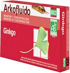 Ginkgo Arkofluido. Envase de 20 ampollas de 15 ml con extracto acuoso de hoja de Ginkgo (<i>Ginkgo biloba</i>) obtenido a partir de 1,8 g de planta para 1 ampolla. C.N. 153 228.2