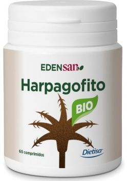 Edensan Bio Harpagofito. Polvo de raíz de Harpagofito (<i>Harpagophtum procumbens</i> DC, raíz): 750 mg, agente de carga: celulosa microcristalina y carbonato cálcico antiaglomerante: dióxido de silicio. Bote de 30 comprimidos. Complemento alimenticio.