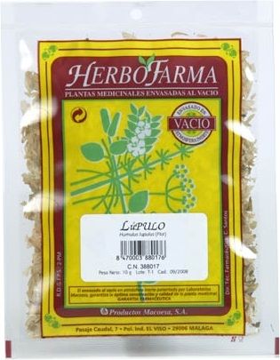 Lúpulo Herbofarma. Flores cortadas de <i>Humulus lupulus</i>. Bolsa 10 genvasado al vacío con atmósfera protectora. CN: 388017.6. 