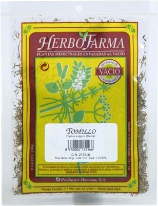 Tomillo Herbofarma. Hojas de <i>Thymus vulgaris</i>. Bolsa 30 g al vacío. CN: 217216.6. 