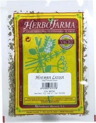 Hierba Luisa Herbofarma. Hojas cortadas de <i>Lippia triphylla</i>. Bolsa 15 g, envasado al vacío con atmósfera protectora. CN: 381731.8. 