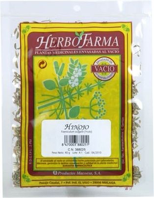 Hinojo Herbofarma. Frutos de <i>Foeniculum vulgare</i>. Bolsa 50 g, envasado al vacío con atmósfera protectora. CN: 388025.1. 