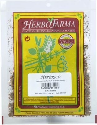 Hipérico Herbofarma. Sumidades floridas cortadas de <i>Hypericum perforatum</i>. Bolsa 20 g, envasado al vacío con atmósfera protectora. CN: 265116.6. 