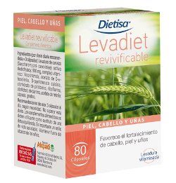 Levadiet revivificable. Estuche con 80 cápsulas con levadura de cerveza (<i>Saccharomyces cerevisiae</i>) activa deshidratada y vitaminas.