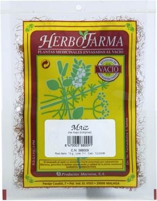 Maíz Herbofarma. Estigmas cortados de <i>Zea mays</i>. Bolsa 10 g, envasado al vacío con atmósfera protectora. CN: 388009.1. 