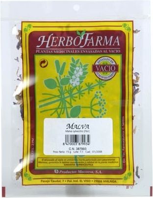 Malva Herbofarma. Flor de <i>Malva sylvestris</i>. Bolsa 15 g, envasado al vacío con atmósfera protectora. CN: 387993.4. 