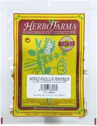 Manzanilla Amarga Herbofarma. Sumidades floridas de <i>Santolina chamaecyparissus</i>. Bolsa 30 g, envasado al vacío con atmósfera protectora. CN: 388058.9.