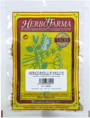 Manzanilla Dulce Herbofarma. Sumidades floridas de <i>Matricaria recutita</i>. Bolsa 15 g, envasado al vacío con atmósfera protectora. CN: 388041.1.