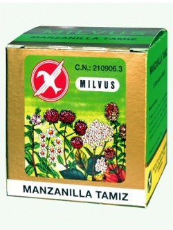 Manzanilla Tamiz Milvus. Envase con 10 filtros de 1,200 g/filtro (<i>Matricaria chamomilla</i> -tamiz- 100%). CN: 210906.3