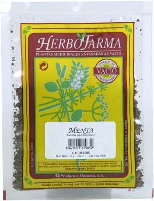 Menta Herbofarma. Hojas quebradas de <i>Mentha piperita</i>. Bolsa 15 g, envasado al vacío con atmósfera protectora. CN: 387985.9. 