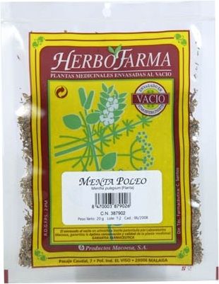 Menta Poleo Herbofarma. Sumidades floridas cortadas de <i>Mentha pulegium</i>. Bolsa 20 g, envasado al vacío con atmósfera protectora. CN: 387902.6. 
