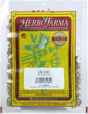 Olivo Herbofarma. Hojas cortadas de <i>Olea europaea</i>. Bolsa 30 g, envasado al vacío con atmósfera protectora. CN: 265280.4. 
