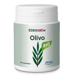 Edensan Bio Olivo. Bote con 60 comprimidos. Cada aporta 375 mg de polvo de hoja de olivo de cultivo biológico (<i>Olea europaea</i> L.), agentes de carga: celulosa microcristalina y carbonato cálcico, antiaglomerante: dióxido de silicio. Complemeto alimenticio.