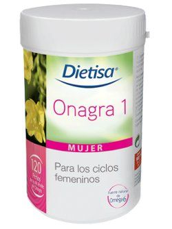 Onagra-1. Bote con 120 perlas. Cada perla contierne: aceite de Onagra (1.000 mg), vitamina E, antioxidante: alfa-tocoferol. Cápsula: gelatina y glicerina .