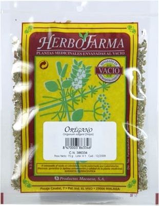 Orégano Herbofarma. Hojas de <i>Origanum vulgare</i>. Bolsa 15 g, envasado al vacío con atmósfera protectora. CN: 386334.6.