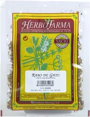 Rabo de Gato Herbofarma. Sumidades floridas cortadas de <i>Sideritis angustifolia</i>. Bolsa 30 g, envasado al vacío con atmósfera protectora. CN: 265298.9. 