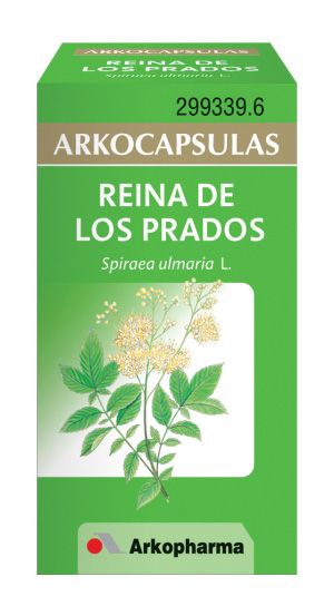 Arkocápsulas Reina de los prados. Cada cápsula contiene 250 mg de sumidad florída de Reina de los Prados (<i>Filipendula ulmaria</i> (L.) Maxim.) (= <i>Spiraea ulmaria</i> L.). Valoracion: superior al 1% de flavonoides. Envases de 50 cápsulas, CN: 299339. 