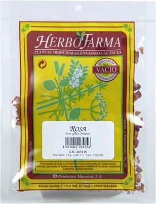 Rosa Herbofarma. Pétalos cortados de <i>Rosa gallica</i>. Bolsa 15 g, envasado al vacío con atmósfera protectora. CN: 207415.6. 