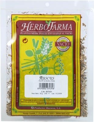 Ruscus Herbofarma. Raíces cortadas de <i>Ruscus aculeatus</i>. Bolsa 30 g, envasado al vacío con atmósfera protectora. CN: 207431.6. 