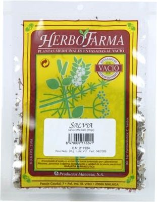 Salvia Herbofarma. Hojas cortadas de <i>Salvia officinalis</i>. Bolsa 20 g, envasado al vacío con atmósfera protectora. CN: 217224.1. 
