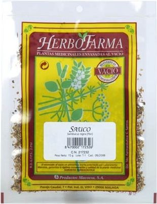 Saúco Herbofarma. Flores cribadas de <i>Sambucus nigra</i>. Bolsa 20 g, envasado al vacío con atmósfera protectora. CN: 217232.6. 