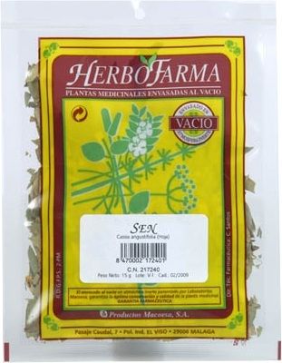 Sen Herbofarma. Hojas de <i>Cassia angustifolia</i>. Bolsa 15 g, envasado al vacío con atmósfera protectora. CN: 217240.1. 