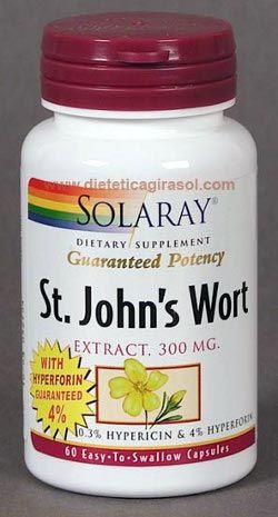 St. John's Wort (Solaray). Envase con 60 cápsulas. cada cápsula contiene 300 mg de hipérico (0,3% hipericina, 4% hiperforina).