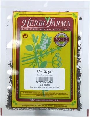 Té Rojo Herbofarma. Hojas de <i>Camellia sinensis</i>. Bolsa 40 g, envasado al vacío con atmósfera protectora. CN: 265439.6. 