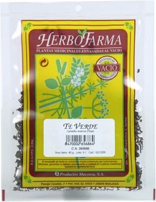 Té Verde Herbofarma. Hojas de <i>Camellia sinensis</i>. Bolsa 40 g, envasado al vacío con atmósfera protectora. CN: 265686.4.